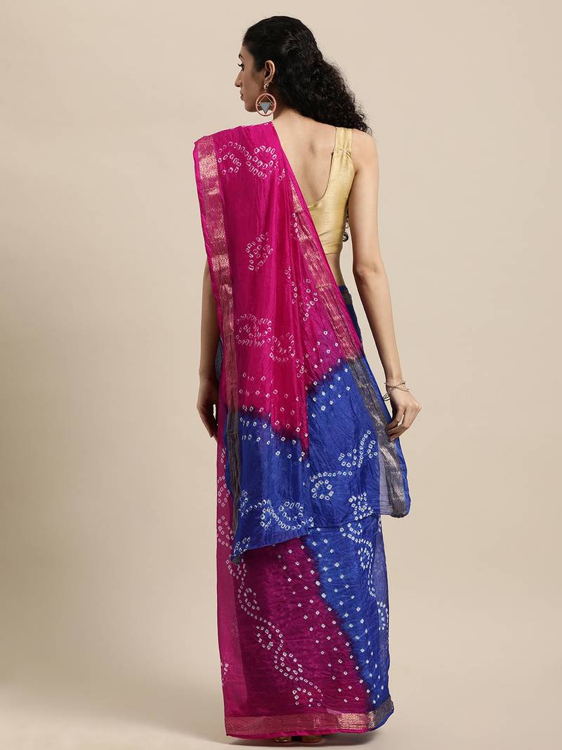 Geroo Jaipur Handcrafted Pink And Blue Art Silk Saree