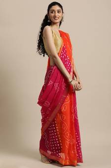 Geroo Jaipur Handcrafted Orange And Pink Art Silk Saree
