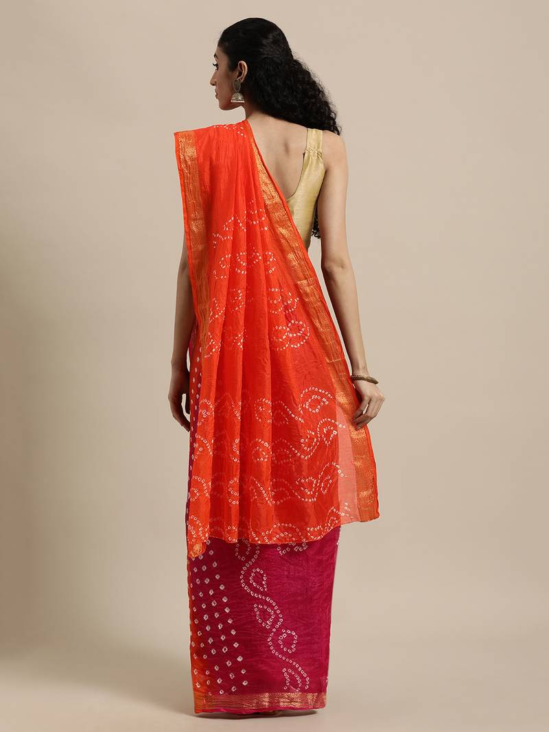 Geroo Jaipur Handcrafted Orange And Pink Art Silk Saree