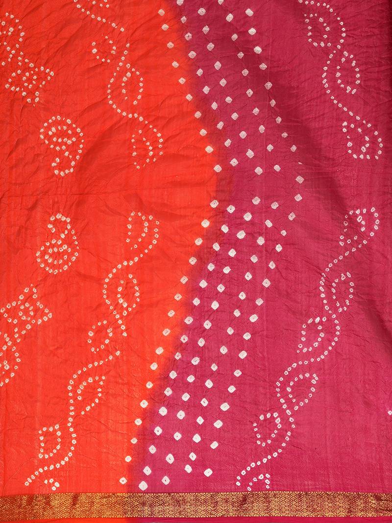 Geroo Jaipur Handcrafted Orange And Pink Art Silk Saree