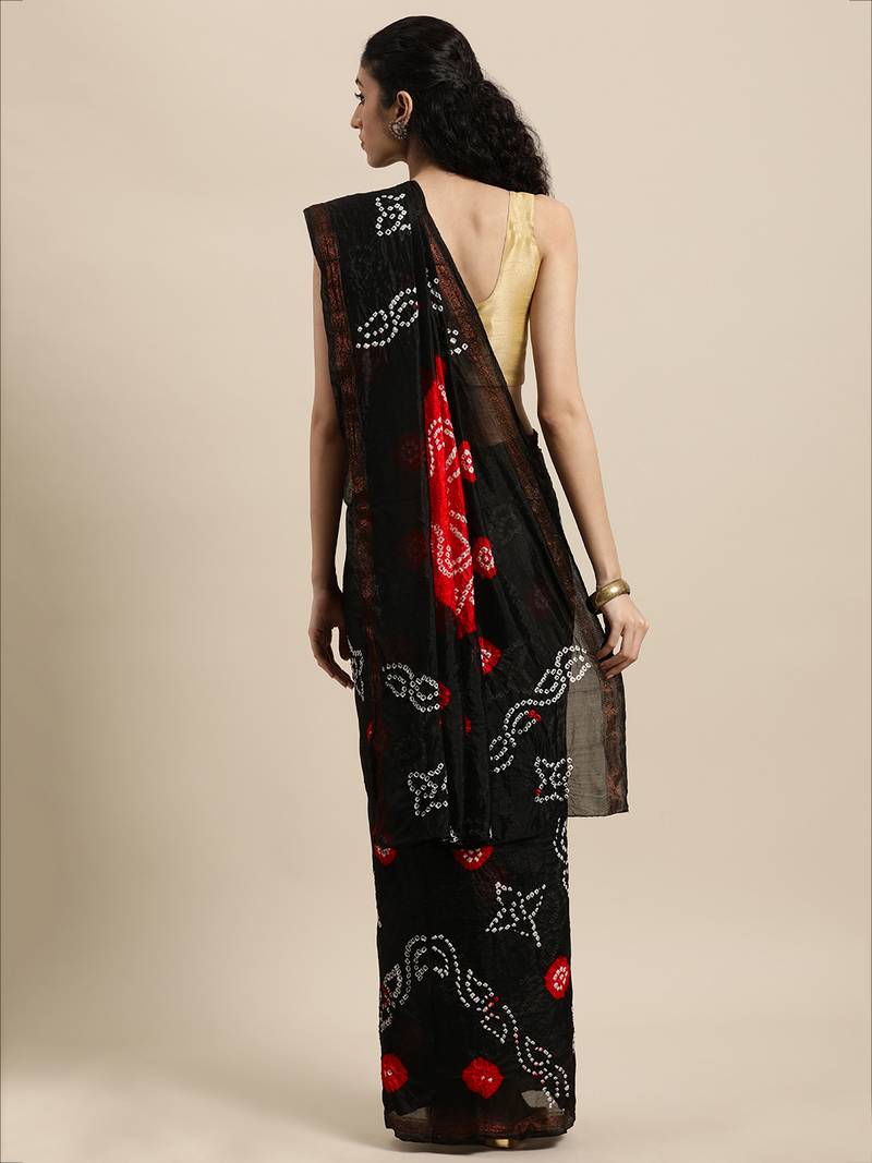 Geroo Jaipur Handcrafted Black Art Silk Bandhani Saree