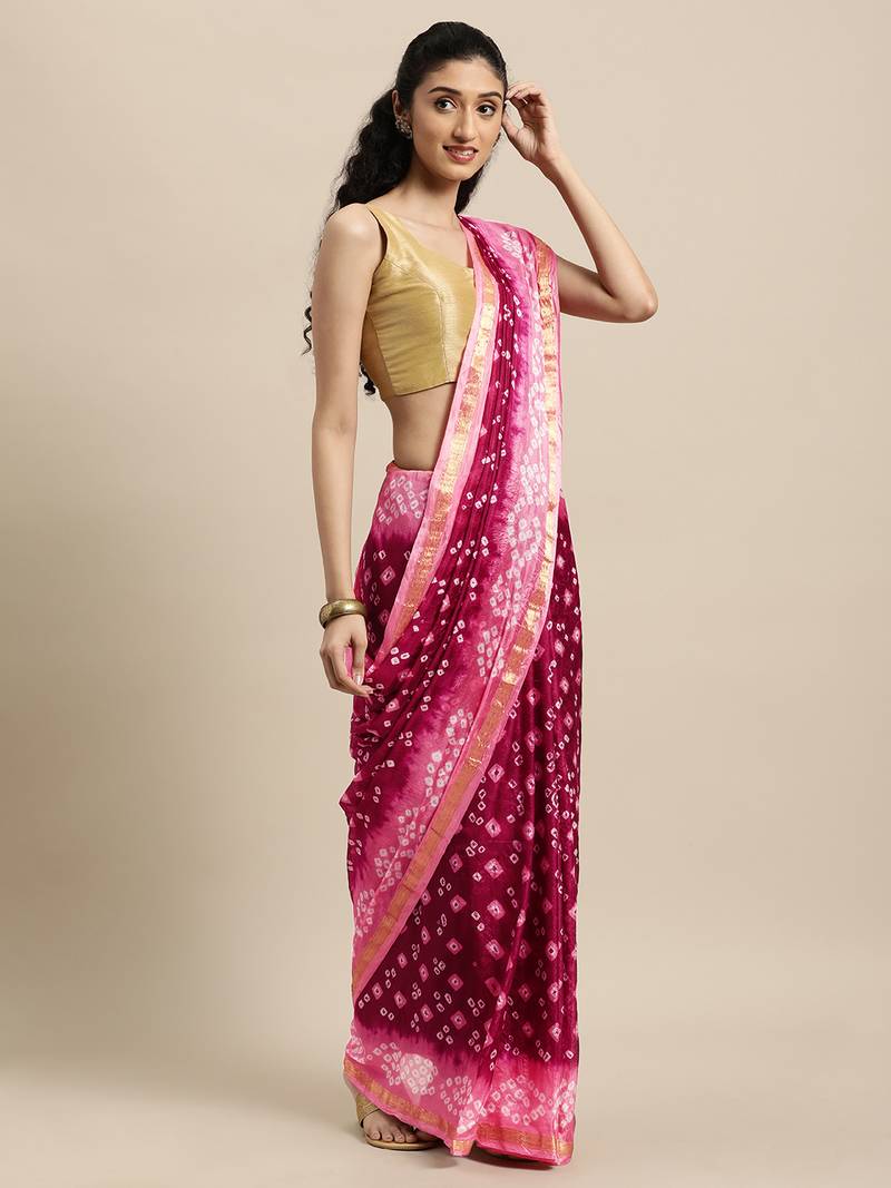Geroo Jaipur Hand Dyed Maroon and pink Bandhani Saree