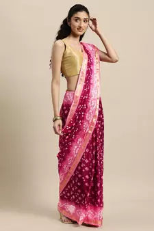 Geroo Jaipur Hand Dyed Maroon and pink Bandhani Saree