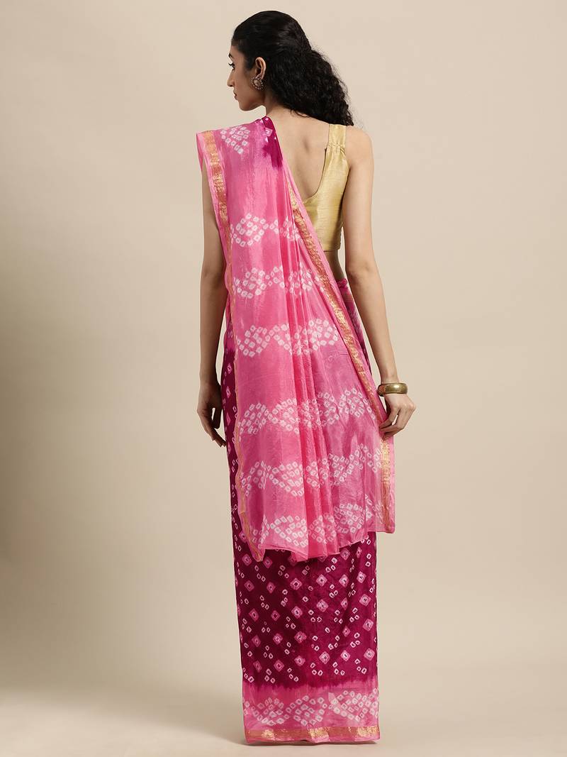 Geroo Jaipur Hand Dyed Maroon and pink Bandhani Saree