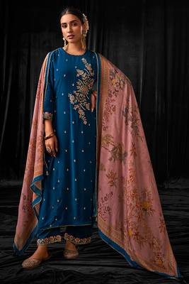 Wonderful pure crepe silk blue embroidered salwar suit with latkan 1