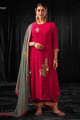 Rich pure crepe silk dark pink embroidered salwar suit with latkan 2
