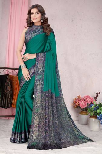 Turquoise Printed Chiffon Saree With Blouse