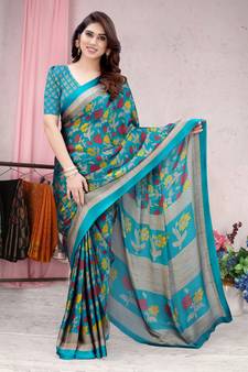 Turquoise Printed Chiffon Saree With Blouse