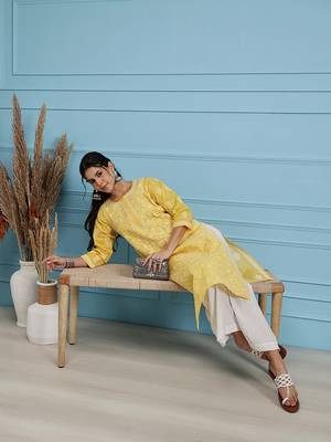 Hand Embroidered Yellow Cotton Lucknowi Chikankari Women Trendy Kurta 6