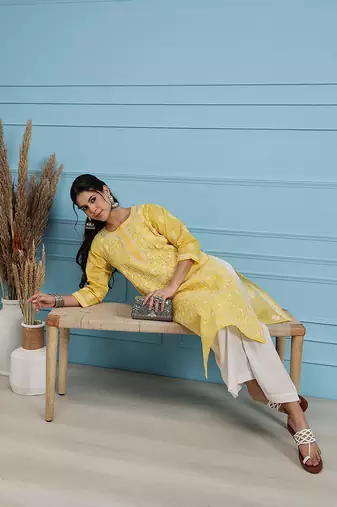 Hand Embroidered Yellow Cotton Lucknowi Chikankari Women Trendy Kurta