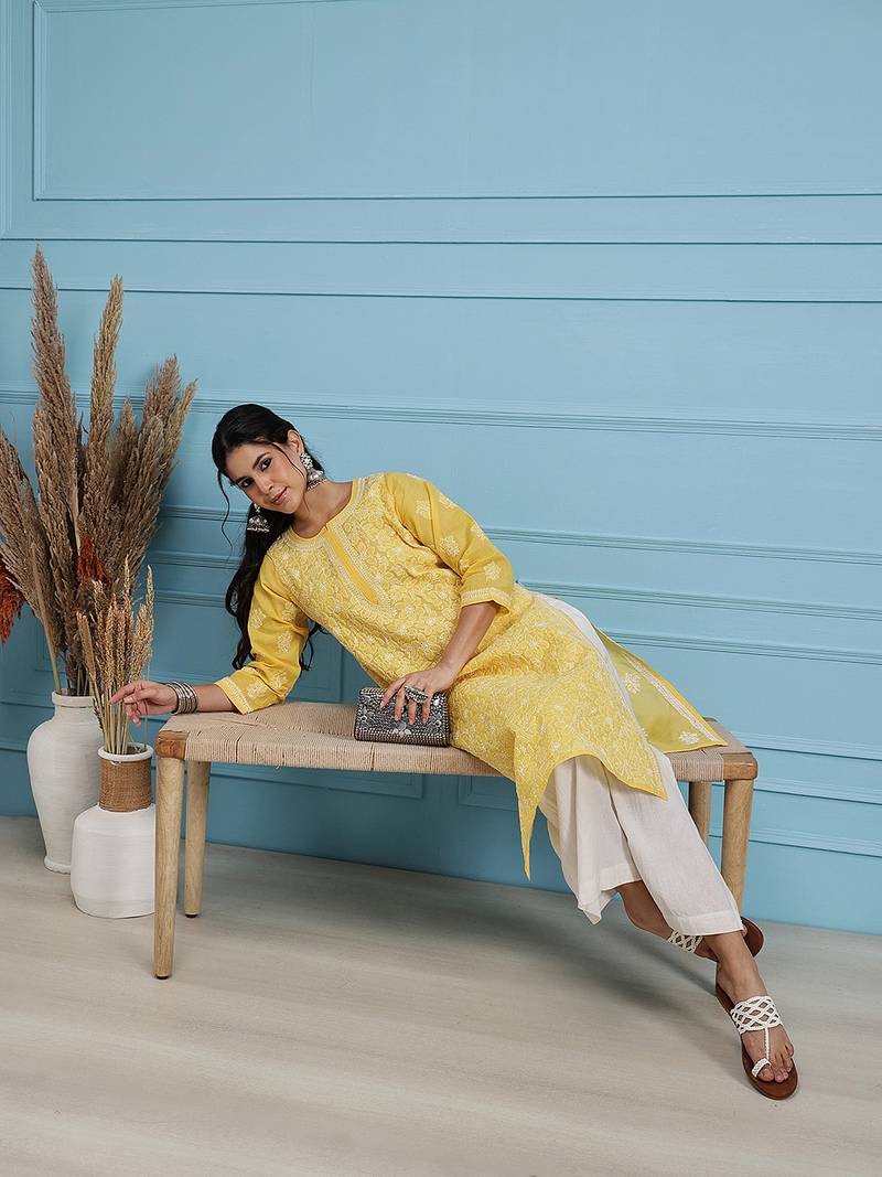 Hand Embroidered Yellow Cotton Lucknowi Chikankari Women Trendy Kurta
