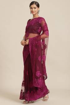 Wine Net Fabric Embroidery Work Designer Saree With Blouse