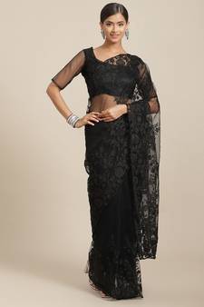Black Net Fabric Embroidery Work Designer Saree With Blouse
