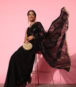 Black And Gold Shimmery Sequin Work Desginer Saree On Faux Georgette Fabric With Blouse
