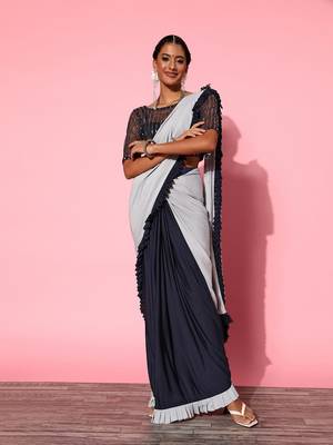 ready made navy blue and grey polyester fabric stunning ruffle saree with simmery fancy designer blouse 1