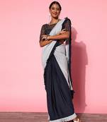 ready made navy blue and grey polyester fabric stunning ruffle saree with simmery fancy designer blouse