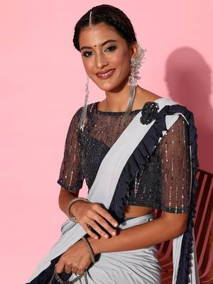 ready made navy blue and grey polyester fabric stunning ruffle saree with simmery fancy designer blouse 2