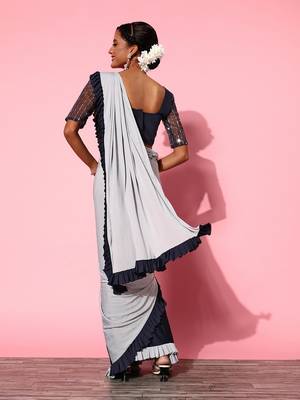 ready made navy blue and grey polyester fabric stunning ruffle saree with simmery fancy designer blouse 3