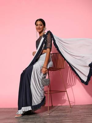 ready made navy blue and grey polyester fabric stunning ruffle saree with simmery fancy designer blouse 5