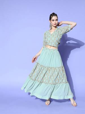 Sea-green printed georgette ethnic-kurtis 1