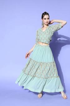 Sea-green printed georgette ethnic-kurtis
