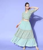 Sea-green printed georgette ethnic-kurtis