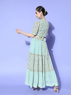 Sea-green printed georgette ethnic-kurtis 2