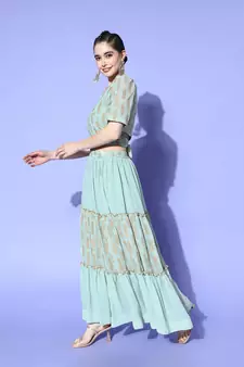 Sea-green printed georgette ethnic-kurtis