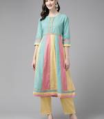 Teal-blue printed cotton ethnic-kurtis