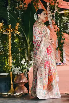 Cream Kashmiri Pashmina Style Silk Blend Multipal Threads work Saree With Blouse