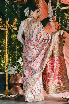 Cream Kashmiri Pashmina Style Silk Blend Multipal Threads work Saree With Blouse