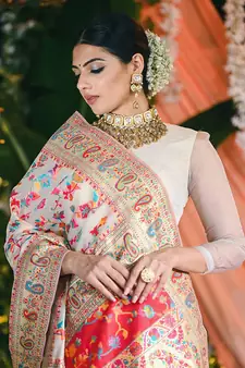 Cream Kashmiri Pashmina Style Silk Blend Multipal Threads work Saree With Blouse