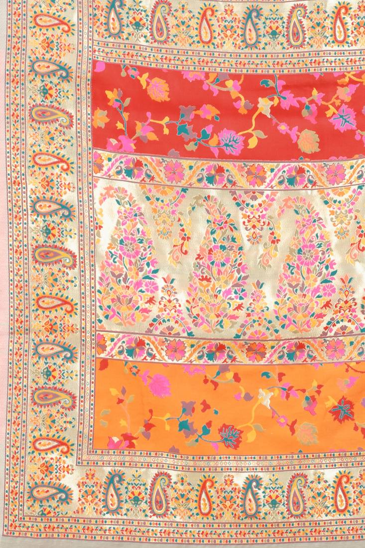 Cream Kashmiri Pashmina Style Silk Blend Multipal Threads work Saree With Blouse