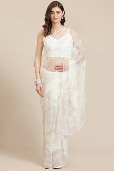 White Resham Work Net Fabric Designer Saree With Blouse