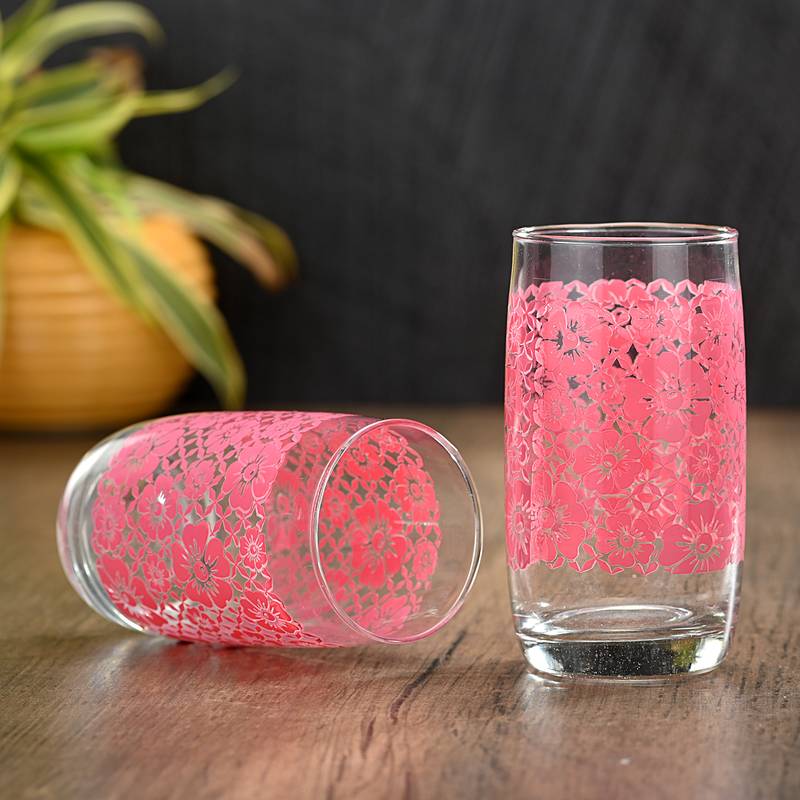 Moulded DesignMultiPurpose Printed Drinking Glass, Transparent, Pink, 280 ML -C1