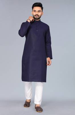 Navy Blue Cotton Blend Solid Styles Long Men's Wear Kurta. 1