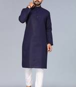 Navy Blue Cotton Blend Solid Styles Long Men's Wear Kurta.