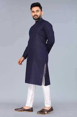 Navy Blue Cotton Blend Solid Styles Long Men's Wear Kurta. 2