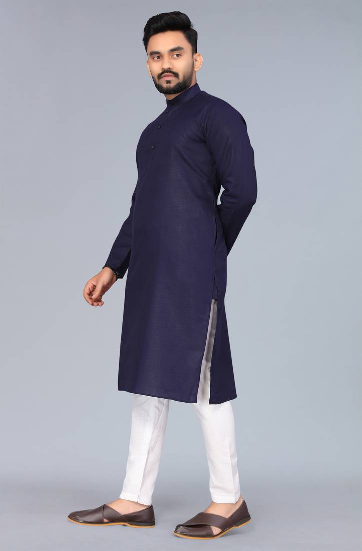 Navy Blue Cotton Blend Solid Styles Long Men's Wear Kurta.