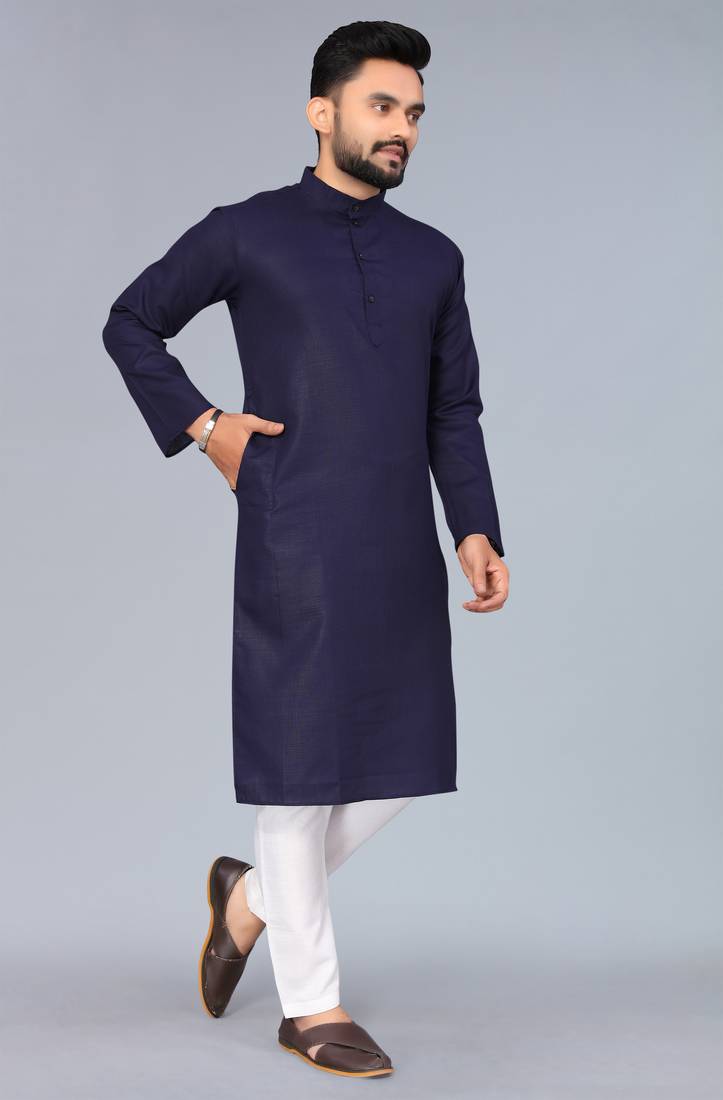 Navy Blue Cotton Blend Solid Styles Long Men's Wear Kurta.