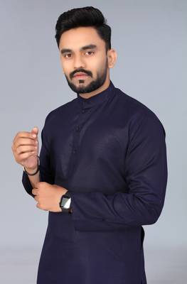 Navy Blue Cotton Blend Solid Styles Long Men's Wear Kurta. 4