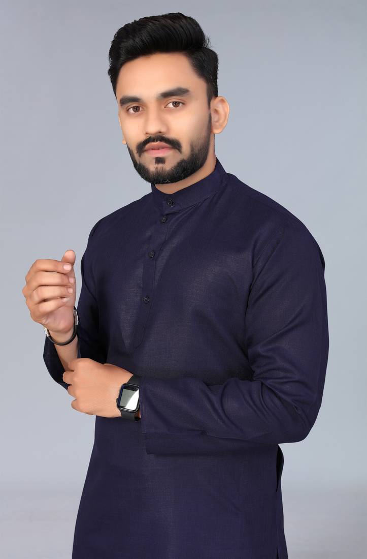 Navy Blue Cotton Blend Solid Styles Long Men's Wear Kurta.