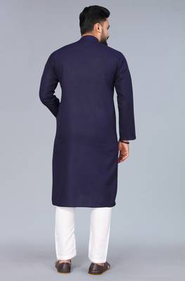 Navy Blue Cotton Blend Solid Styles Long Men's Wear Kurta. 5