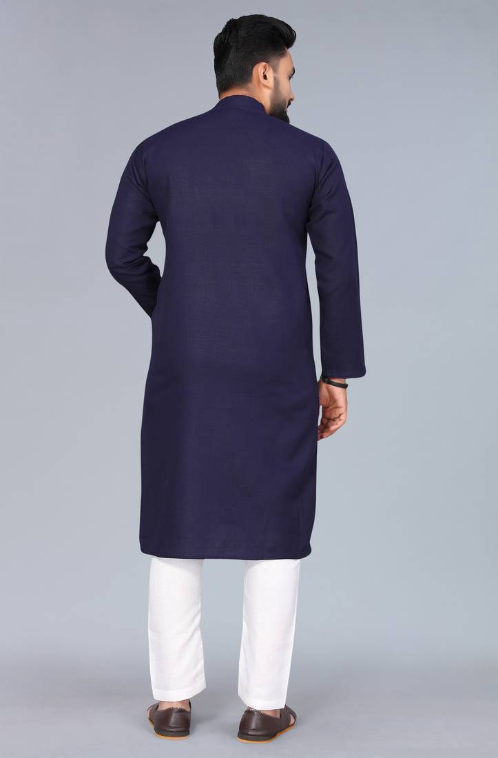 Navy Blue Cotton Blend Solid Styles Long Men's Wear Kurta.