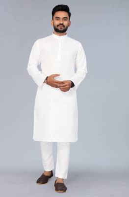 White Cotton Blend Solid Styles Long Men's Wear Kurta. 1