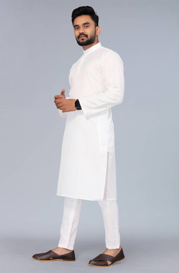 White Cotton Blend Solid Styles Long Men's Wear Kurta.