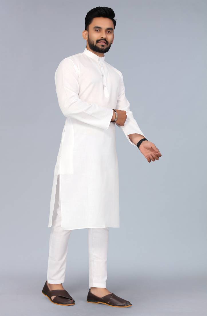 White Cotton Blend Solid Styles Long Men's Wear Kurta.
