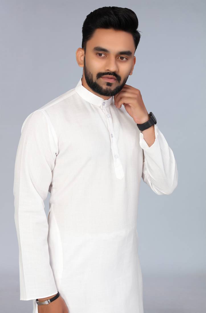 White Cotton Blend Solid Styles Long Men's Wear Kurta.