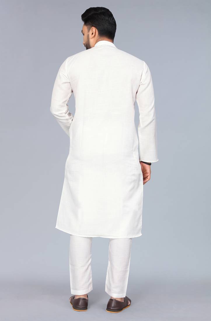 White Cotton Blend Solid Styles Long Men's Wear Kurta.