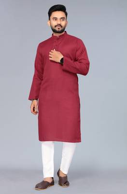 Maroon Cotton Blend Solid Styles Long Men's Wear Kurta. 1